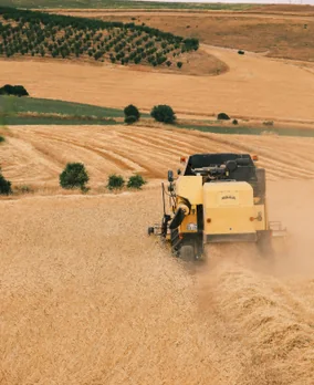 Combine harvester moving through a ripe crop