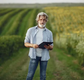 Farmer checking a tablet among the crops