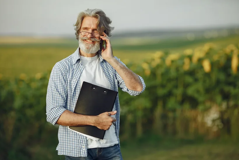 Grower talking on the phone among sunflowers
