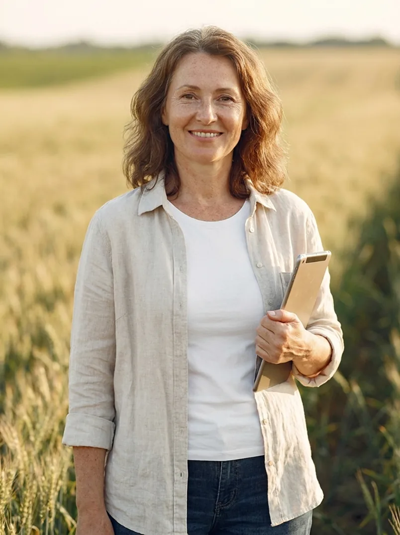 Grower holding a tablet in a wheat field
